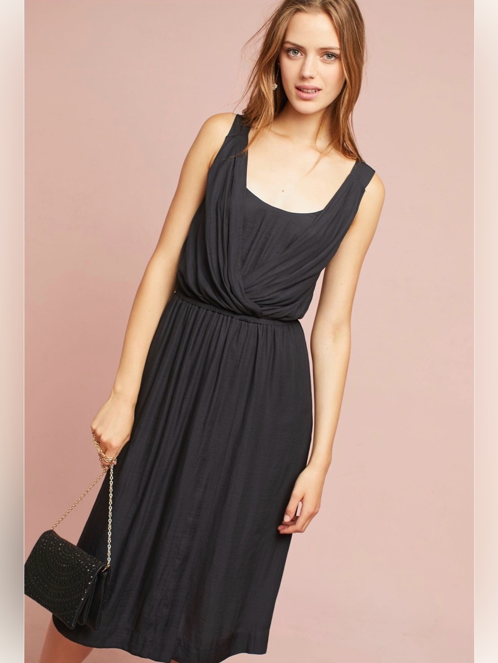 Anthropologie Black Sleeveless Midi Dress with Draped Front
